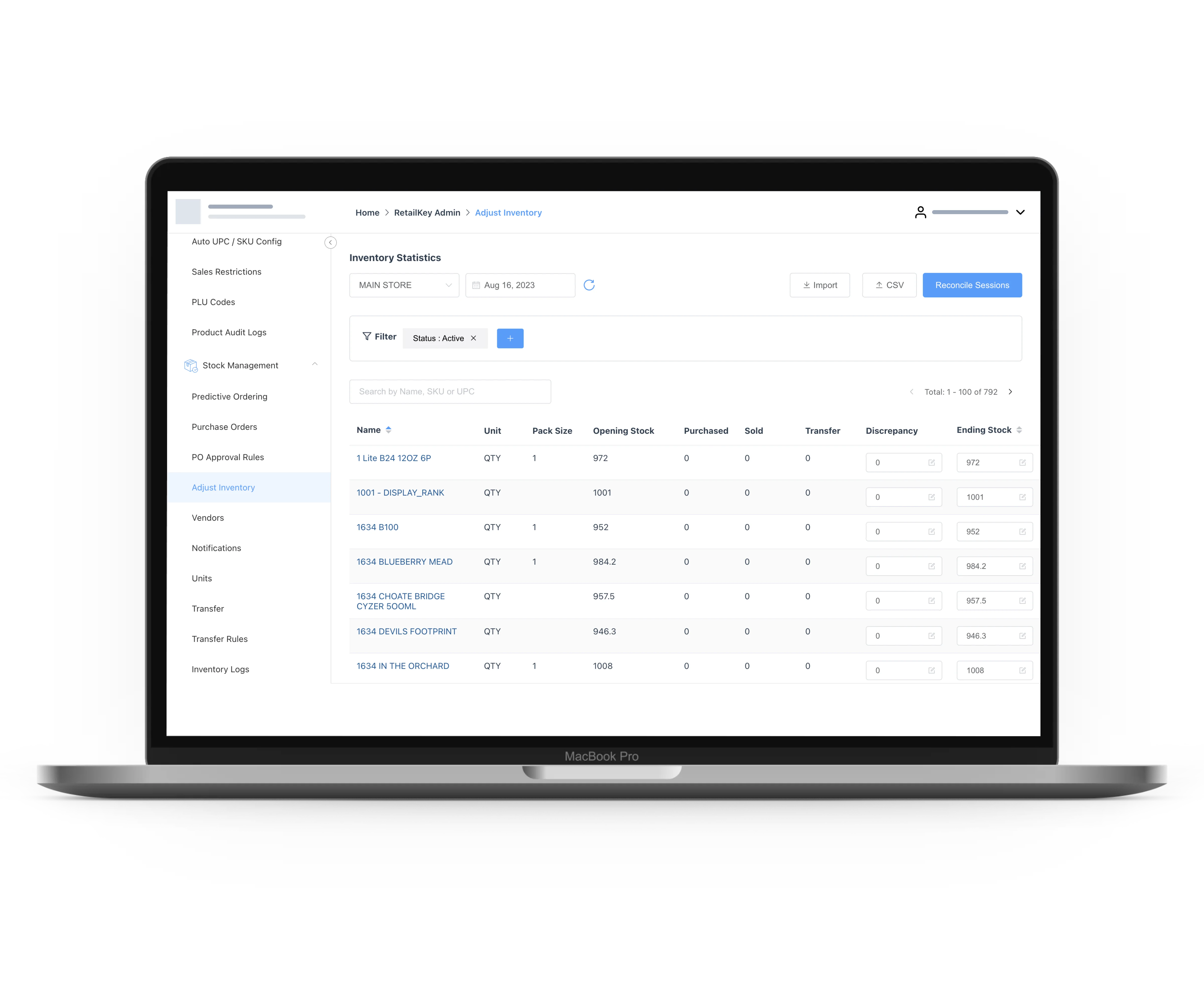 Stock Reconciliation Report | Reporting Analytics | RetailKey | HotelKey